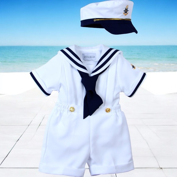 New Baby Toddler Boys Bow Accent Nautical Cap Outfit Set - Picture 9 of 15